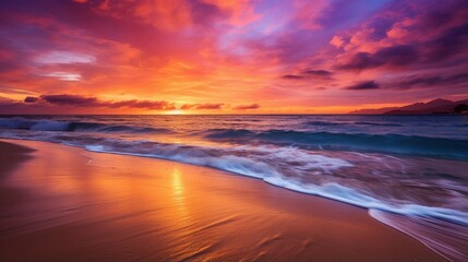 Wall Mural - A serene beach sunset with vibrant shades of orange and purple reflecting on the calm waters, creating a magical and serene ambiance.