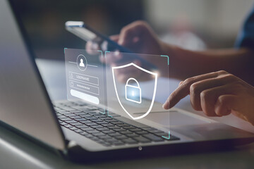 Cyber security and online data protection on internet of thing. Firewall shield secure access system with lock icon. Cybersecurity, privacy and login and password verification authentication.