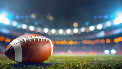 Sticker - American football players on the field with closeup on ball and stadium lights. Sports background