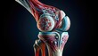 An anatomical illustration of the human knee joint, highlighting the intricate relationship between bones, cartilage, and ligaments against a dark background.