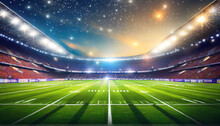 American Football Field Illuminated By Stadium Lights. Sports Background