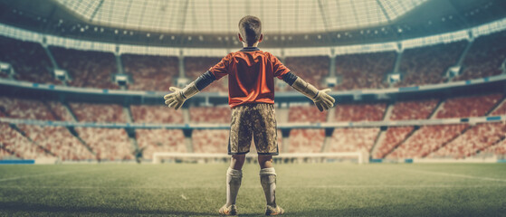 9 year old goalkeeper standing in the stadium,generative ai