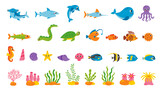 Fototapeta Fototapety na ścianę do pokoju dziecięcego - Set of cute sea animals in cartoon style on white background.