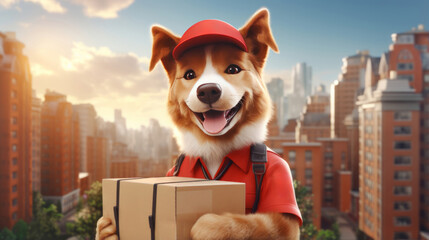 delivery dog over cityscape with box , for logistic and shipping cargo service business