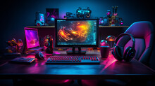 Wide gaming console table image with colorful neon busy room background and pc computer screen with accessories around