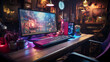 Wide gaming console table image with colorful neon busy room background and pc computer screen with accessories around