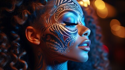 Woman's portrait under UV light wearing neon makeup with an ethnic motif. Posing in UV, the body art design features a painted face and hand, as well as vivid makeup..