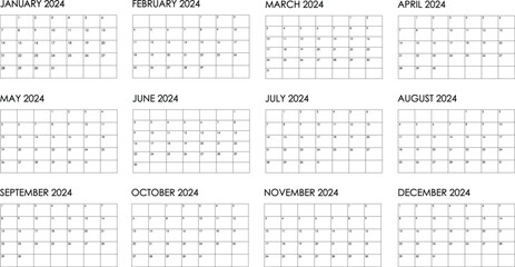 2024 year, 12 month yearly calendar. Simple black and white design