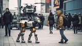 Fototapeta  - Humanoid robot interacts with a person on a busy stree