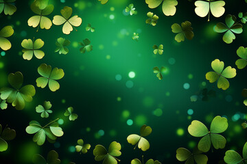 Saint Patrick's day Background. Green metallic four leaf clover on green surface. Copy space. High quality photo