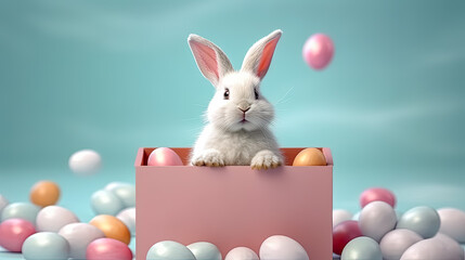 Wall Mural - the Easter Bunny sits in a gift box surrounded by Easter eggs