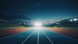 An empty outdoor running track at night with the stadium lights shining. From the perspective on the 100 meter