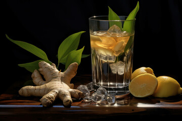 Wall Mural - Yellow fruit ginger glass beverage sweet drink tea food fresh lemon cold green