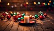 Kerze mit heller Flamme mit weihnachtlicher Dekoration in Nahaufnahme auf einen alten Holzboden vor weihnachtlicher Beleuchtung im Hintergrund und weichen Licht