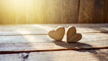 valentines day concept with two wooden hearts on a rustic table, bathed in warm sunlight, evoking love, nostalgia, and timeless affection