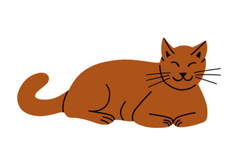  Cute lying down hand drawn brown domestic cat. Vector pet in flat cartoon minimalistic style. Trendy illustration for sticker, decoration. Perfect for kids textile, decoration, poster