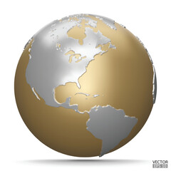 3D gold and silver Earth Globes with shadow on white background. Golden Modern world map. World planet. Travel around the world, Earth Day, or environment conservation concept. 3D vector illustration.