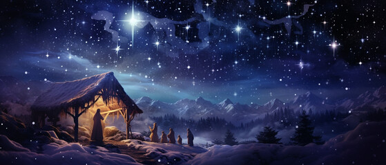 Wall Mural - snowy christmas nativity scene landscape