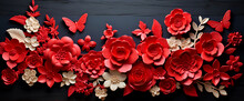 Vibrant Collection Of Red And Beige Paper Flowers And Butterflies With A 3D Effect, Arranged Artistically Against A Dark Wooden Background