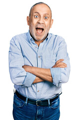 Wall Mural - Senior man with grey hair and beard with arms crossed gesture celebrating crazy and amazed for success with open eyes screaming excited.