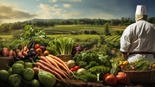 An Array Of Fresh, Organic Vegetables Lying On The Soil With Farmer And His Field At The Background