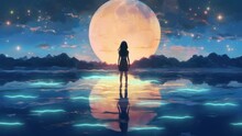 Girl Staying Alone On The River In Front Of The Moon, Illumination With Particles