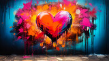 Vibrant heart-shaped graffiti artwork on urban wall with vivid splashes of pink, blue, and orange colors, embodying the spirit of street art and love
