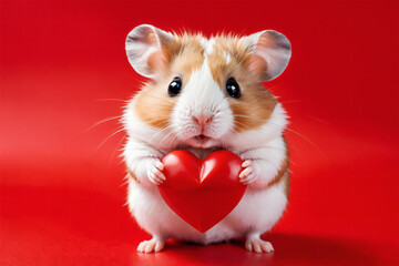 Wall Mural - A cute hamster holding a red heart