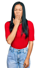 Sticker - Beautiful hispanic woman wearing casual clothes bored yawning tired covering mouth with hand. restless and sleepiness.