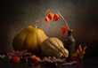 © 02irina - Still life with two pumpkins and dry autumn leaves on a dark background