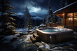 A rustic chalet featuring an outdoor hot tub amidst a snowy landscape - with steaming water providing relaxation in the cold under a starry night sky.