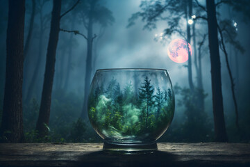 Wall Mural - A colorful glass with a mirror inside it placed on a table in a dark forest, in the style of photorealistic landscapes, romantic moonlit seascapes