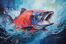 Colorful Painting Of Chinook Salmon Fish Swimming In The Strong Current Of Blue, Fresh, River Water