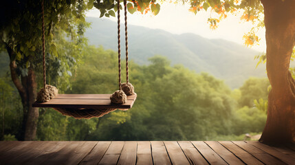 Wall Mural - old wooden terrace with wicker swing hang on the tree .