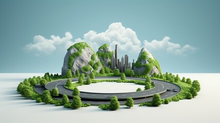 3D illustration of earth globe shape 3D highway design (city road, desert road, forest road and snowy road) included. creative concept design isolated with clouds. car ads. (compound path added).