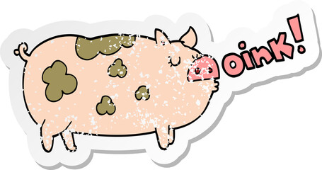 distressed sticker of a cartoon oinking pig