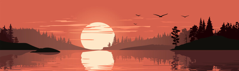 Poster - Panoramic landscape of sunset over the lake. Beautiful landscape of a large lake with reflections, an amazing red sunset against the backdrop of silhouettes of trees, hills and clouds.