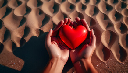 Two Hands Holding a Red Heart in the Sand