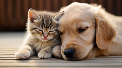 Canvas Print - golden retriever puppy and kitten lying on sofa