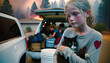 A concerned girl holds his family pet cat in his arms while his family evacuate their home a a wild fire burns nearby .Wildfire evacuation.