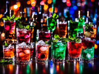 Wall Mural - Many different refreshing colorful fruit cocktails with ice, lemon, mint and berries on a bar counter, night club party with soft drinks