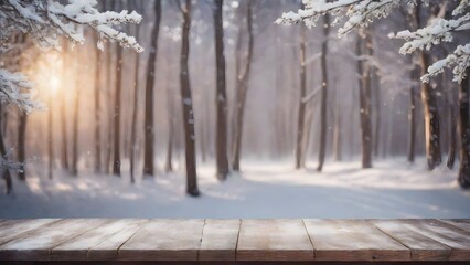 Poster - Winter sunset with a wooden table and an empty place for an advertising product