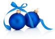 Two Christmas blue baubles with ribbon bow isolated on white background