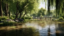 A Tranquil And Reflective Pond Surrounded By Weeping Willow Trees, Creating A Sense Of Serenity.