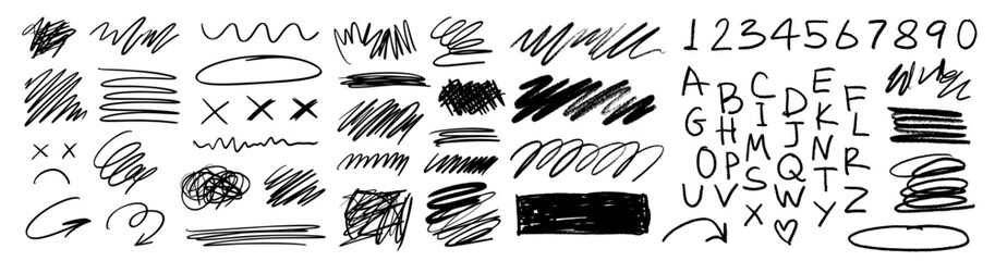 Wall Mural - grunge charcoal scribble stripes, freehand numbers, emphasis arrows, hand-drawn doodle squiggles, ch