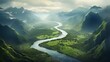 An aerial panorama of a river winding through a lush green valley surrounded by mountains