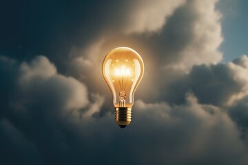 Sticker - A light bulb suspended in the sky with fluffy clouds in the background. Perfect for illustrating creativity, imagination, and innovation. Can be used in presentations, articles, or advertisements