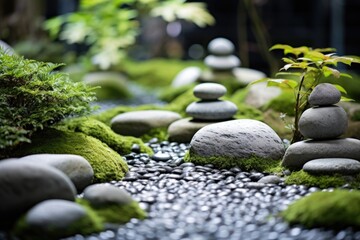 Wall Mural - A tranquil garden adorned with rocks covered in lush green moss. Perfect for adding a touch of nature and serenity to your designs