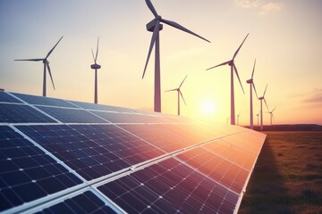 Wall Mural - A group of windmills and solar panels in a field. Perfect for illustrating renewable energy and sustainable power sources