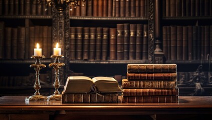 Antique books and candles on a table in front of bookshelves in a library.